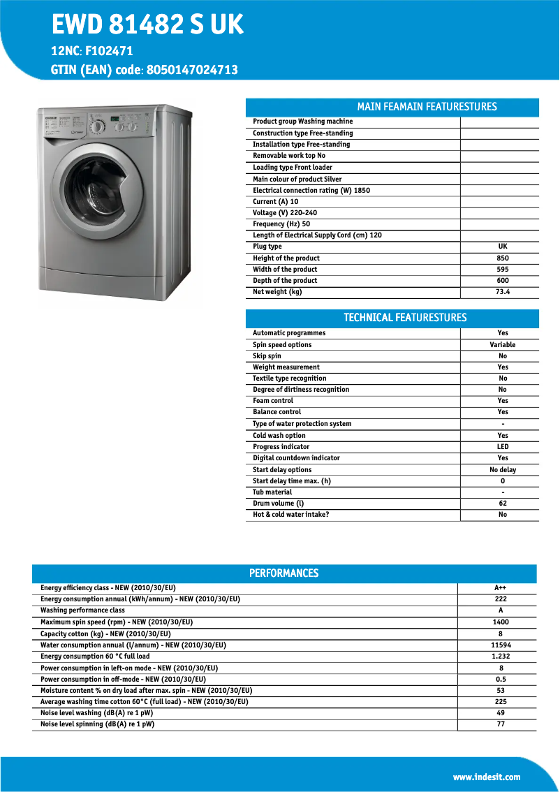 Page n°1 - Fiche technique Indesit EWD 81482 S UK