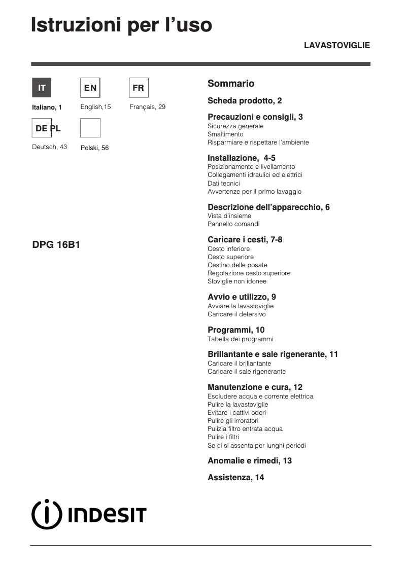 Page 1 de la notice Manuel utilisateur Indesit DPG 16B1 A K EU