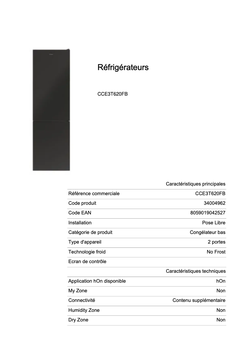 Page 1 de la notice Fiche technique Candy CCE3T620FB