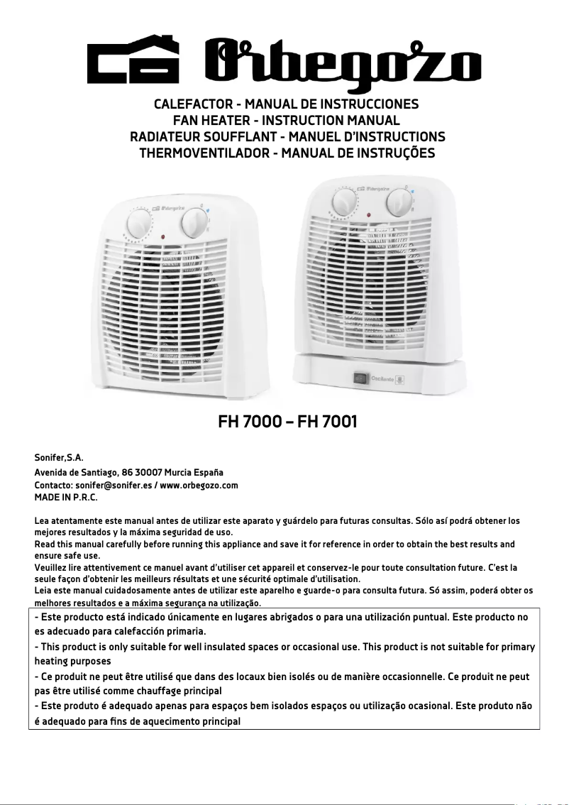 Page n°1 - Manuel utilisateur Orbegozo FH 7000