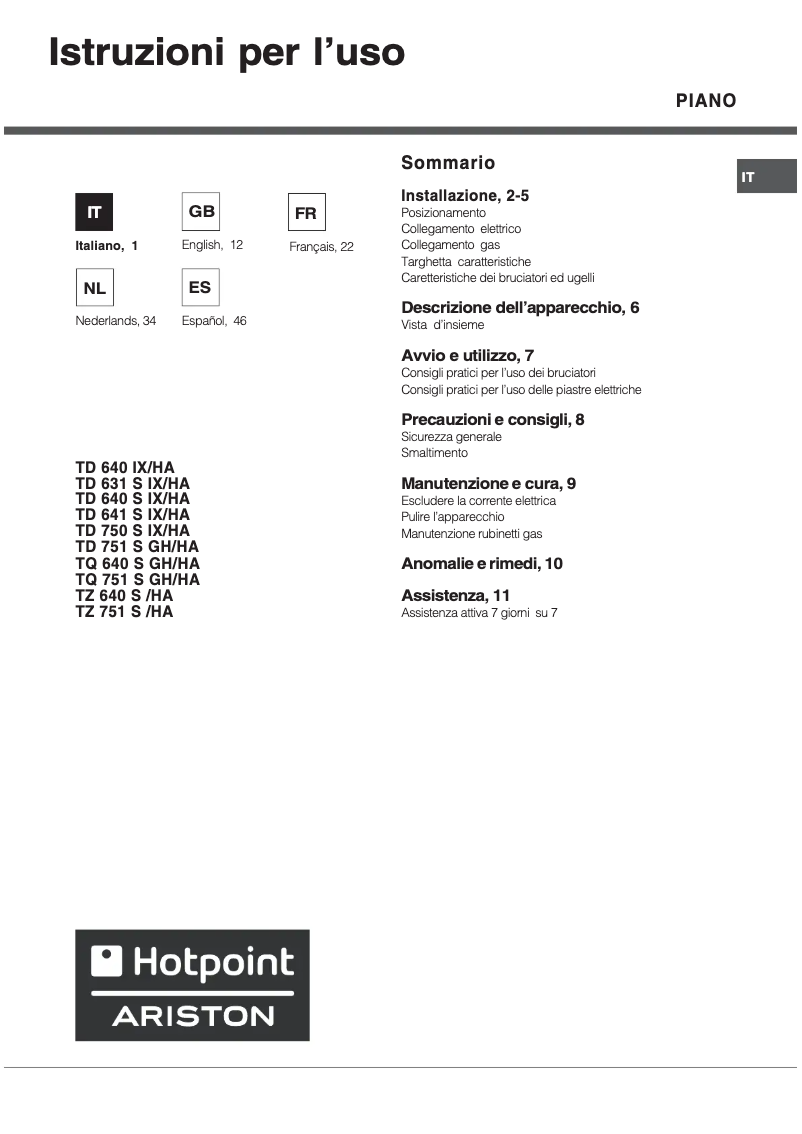 Page n°1 - Manuel utilisateur Hotpoint TD 640 S (ICE) IX/HA