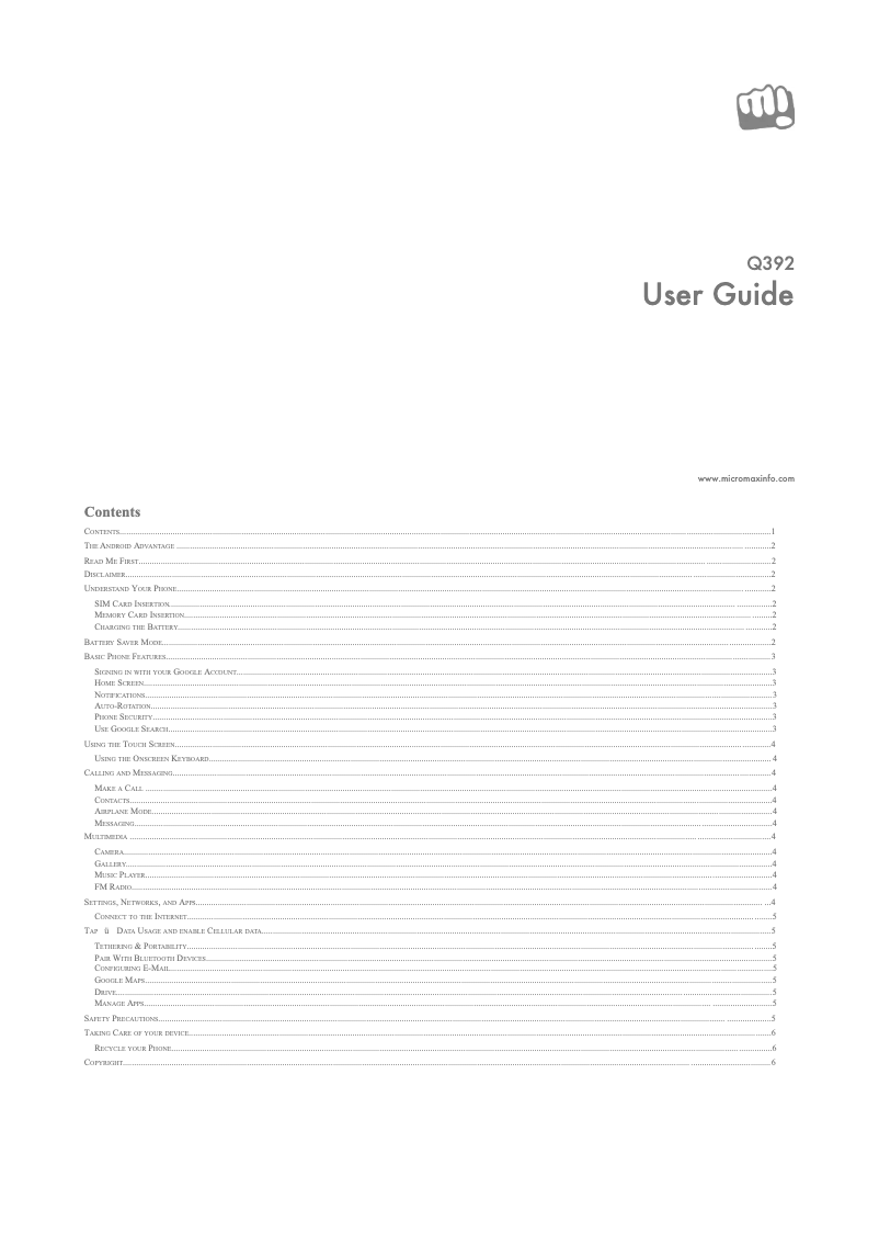 Page n°1 - Manuel utilisateur Micromax Canvas Juice 3 Q392