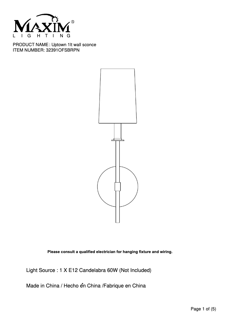 Page n°1 - Manuel utilisateur Maxim Uptown 32391OFSBRPN