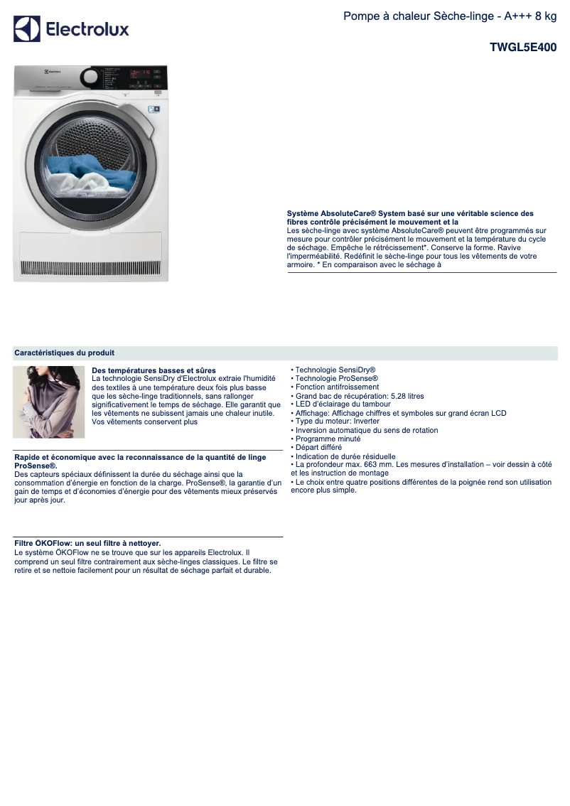 Page n°1 - Fiche technique Electrolux TWGL5E400