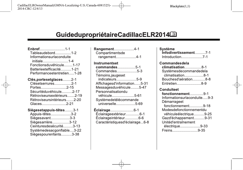 Page 1 of the manual User Manual Cadillac ELR (2014)