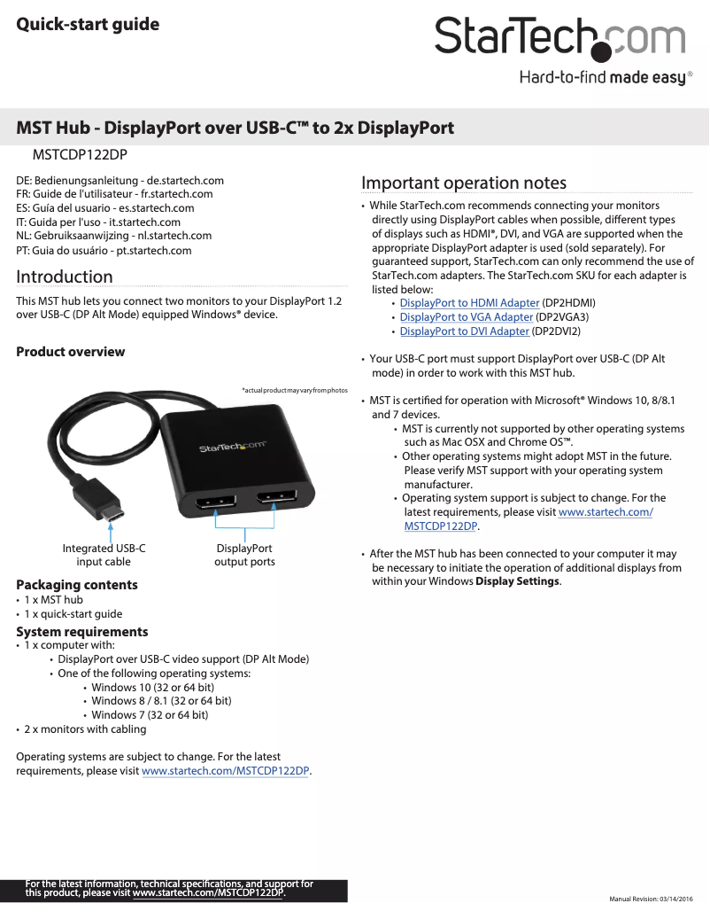 Page n°1 - Manuel utilisateur StarTech.com MSTCDP122DP
