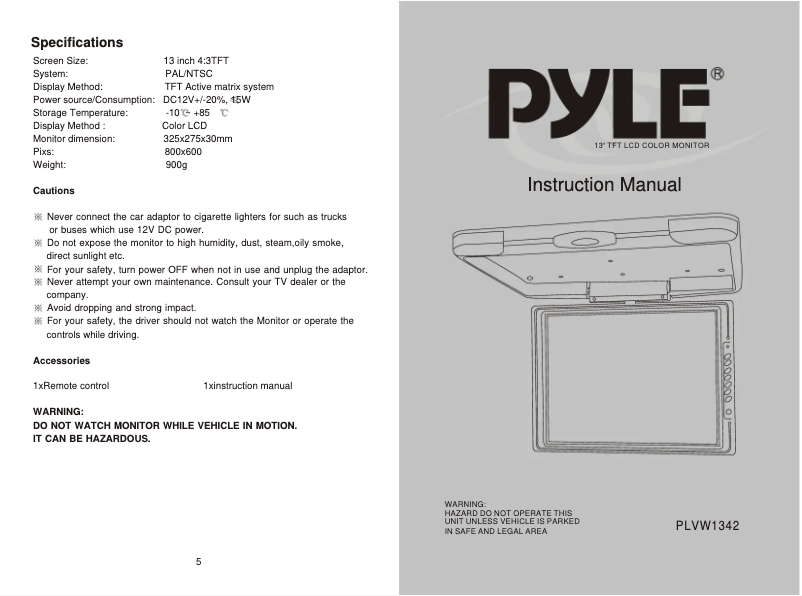 Page n°1 - Manuel utilisateur Pyle PLVW1342R