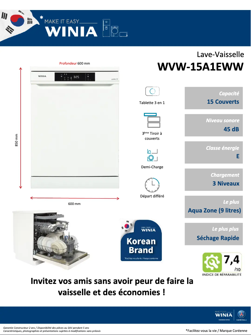 Page 1 de la notice Fiche technique Winia WVW-15A1EWW