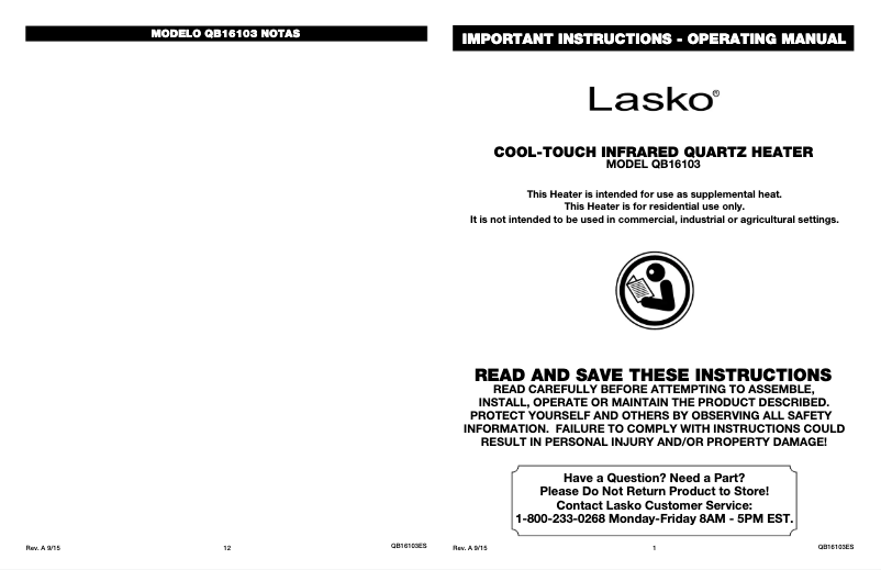 Page 1 de la notice Manuel utilisateur Lasko Cool-Touch Infrared Quartz QB16103