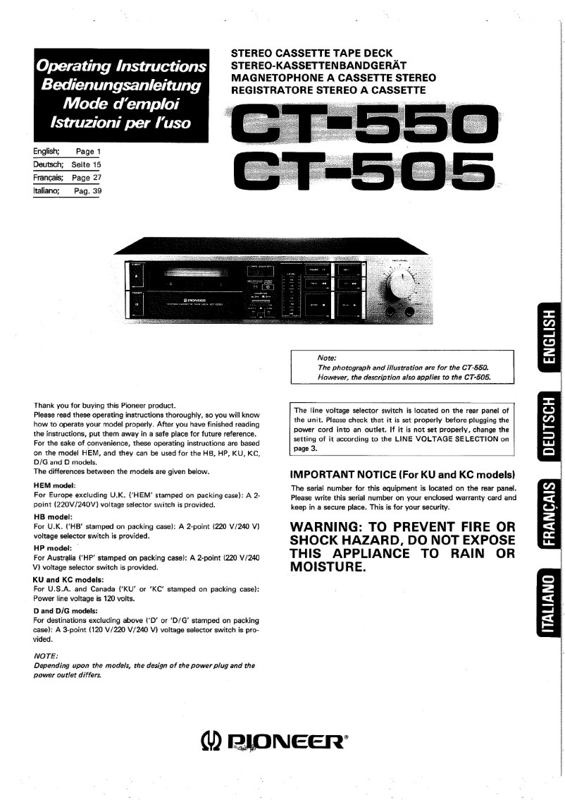 Page 1 de la notice Manuel utilisateur Pioneer CT-505
