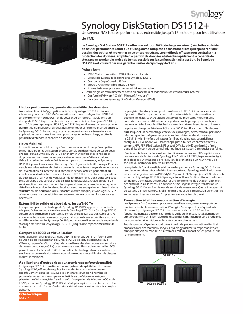 Page n°1 - Fiche technique Synology DS1512+