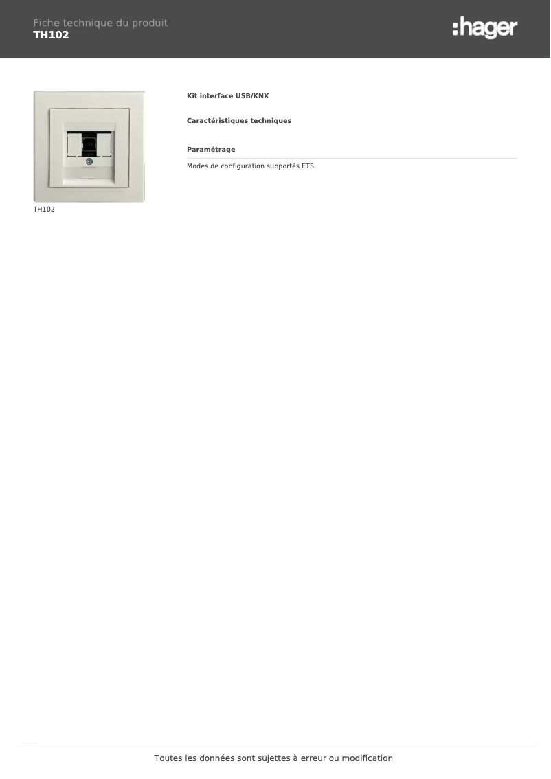 Page n°1 - Fiche technique Hager TH102