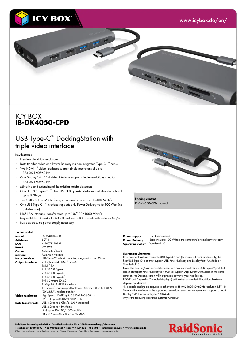 Página 1 del manual Ficha técnica Icy Box IB-DK4050-CPD