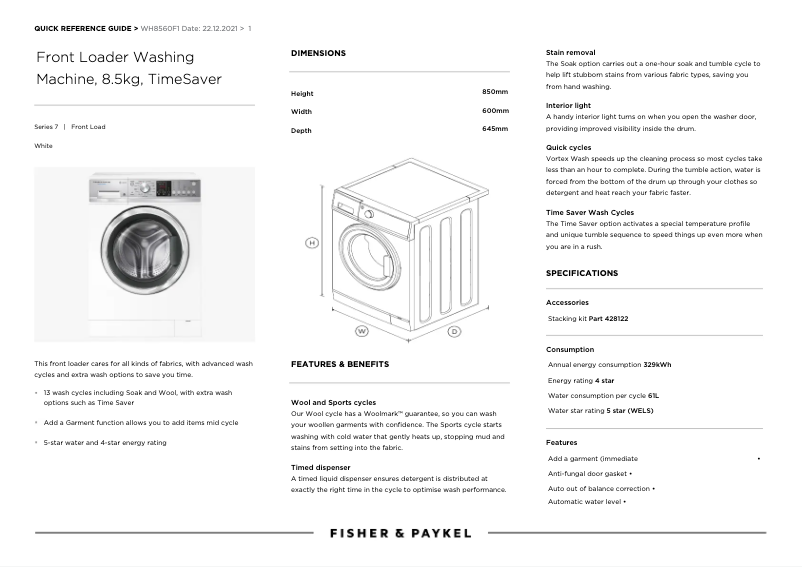 Página 1 del manual Manual de usuario Fisher & Paykel WH8560F1