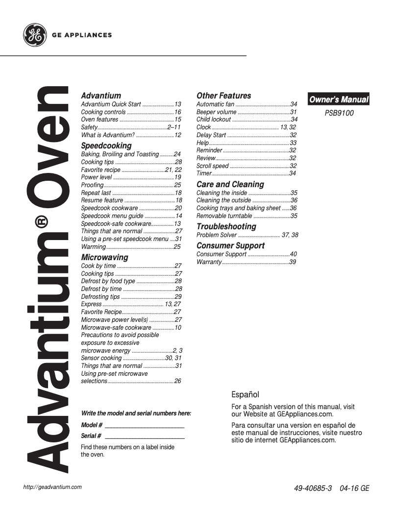 Page n°1 - Manuel utilisateur GE PSB9100EFES