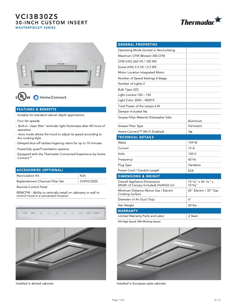 Página 1 del manual Ficha técnica Thermador VCI3B30ZS