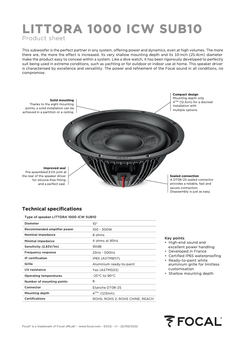 Page 1 of the manual Technical Sheet Focal Littora 1000 ICW SUB10