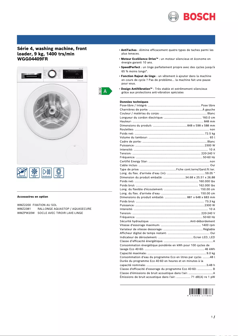 Image de la première page du manuel de l'appareil Serie 4 WGG04409FR
