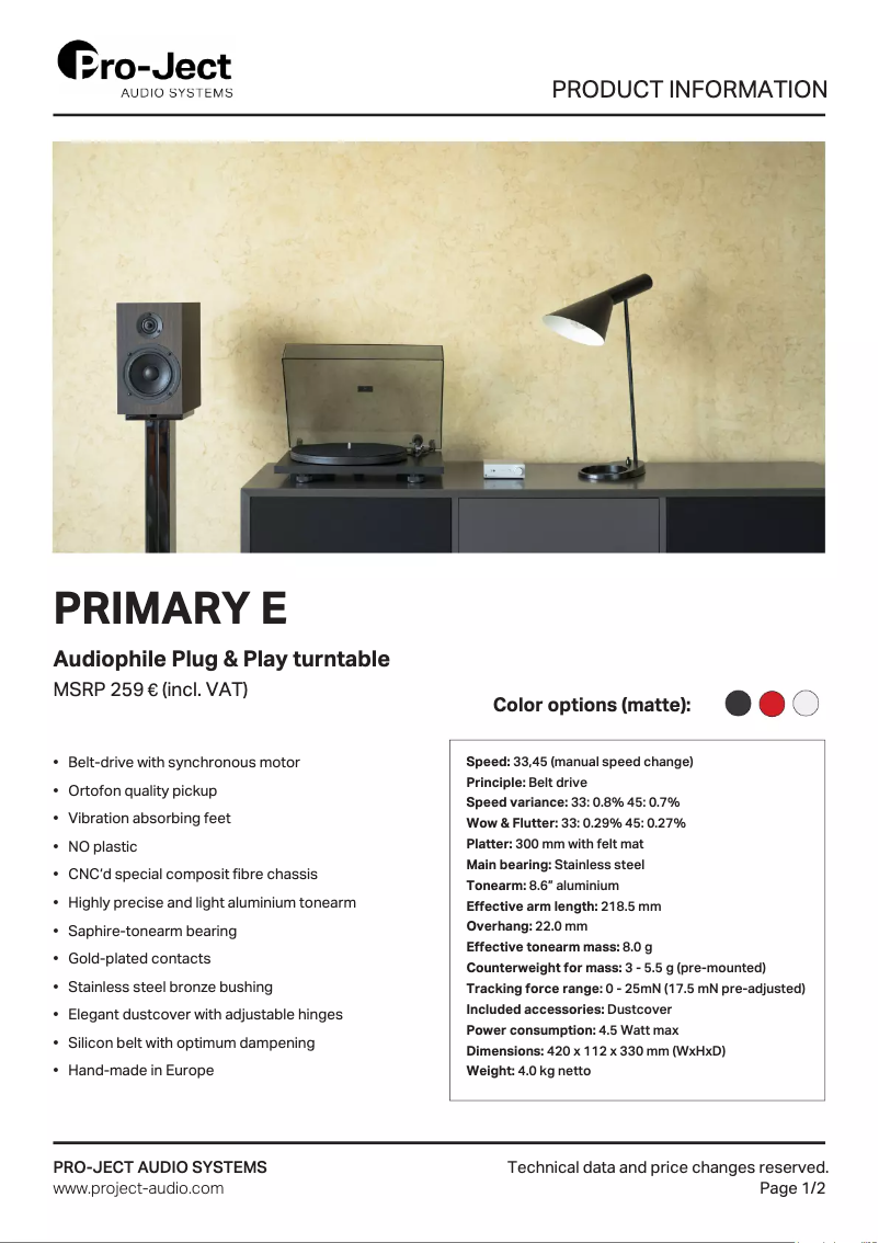 Page 1 de la notice Fiche technique Pro-Ject Primary E