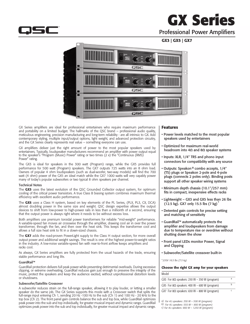 Page 1 de la notice Fiche technique QSC GX3