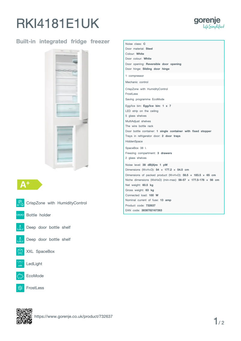 Página 1 del manual Ficha técnica Gorenje RKI4181E1UK