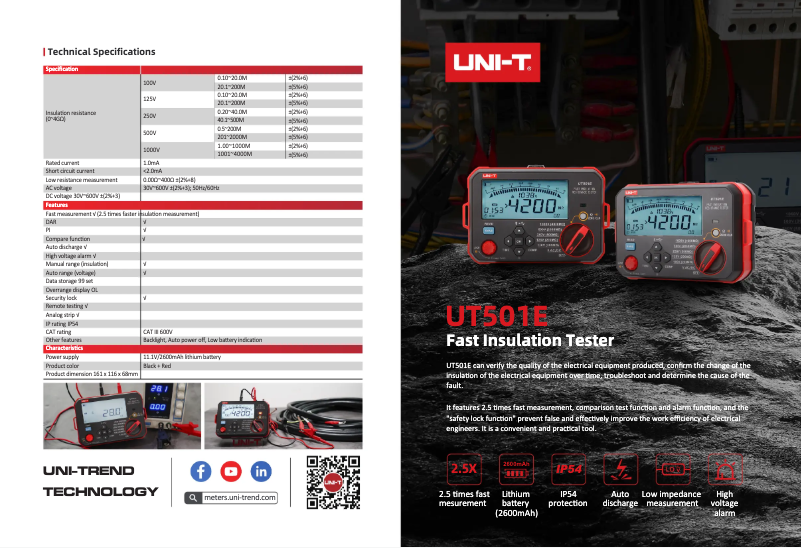 Page 1 de la notice Fiche technique Uni-T UT501E