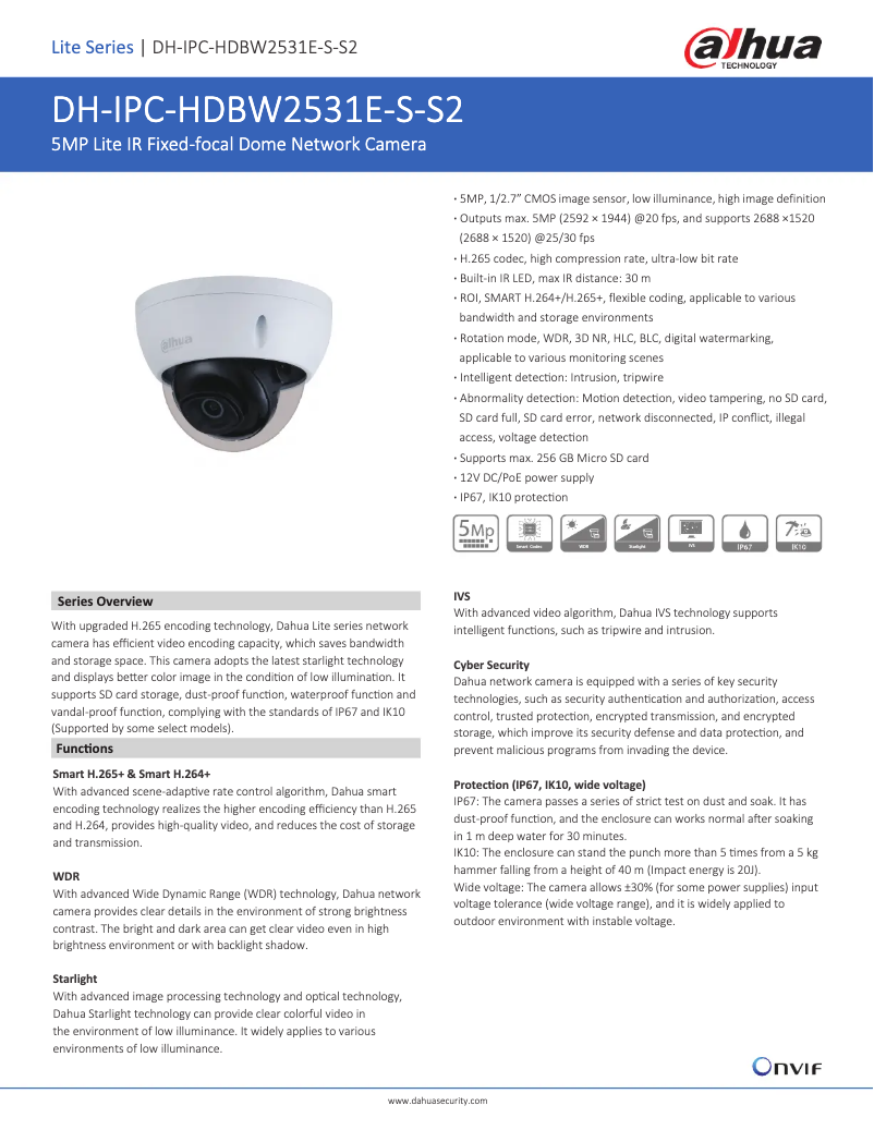 Page 1 de la notice Fiche technique Dahua Technology IPC-HDBW2531E-S-S2
