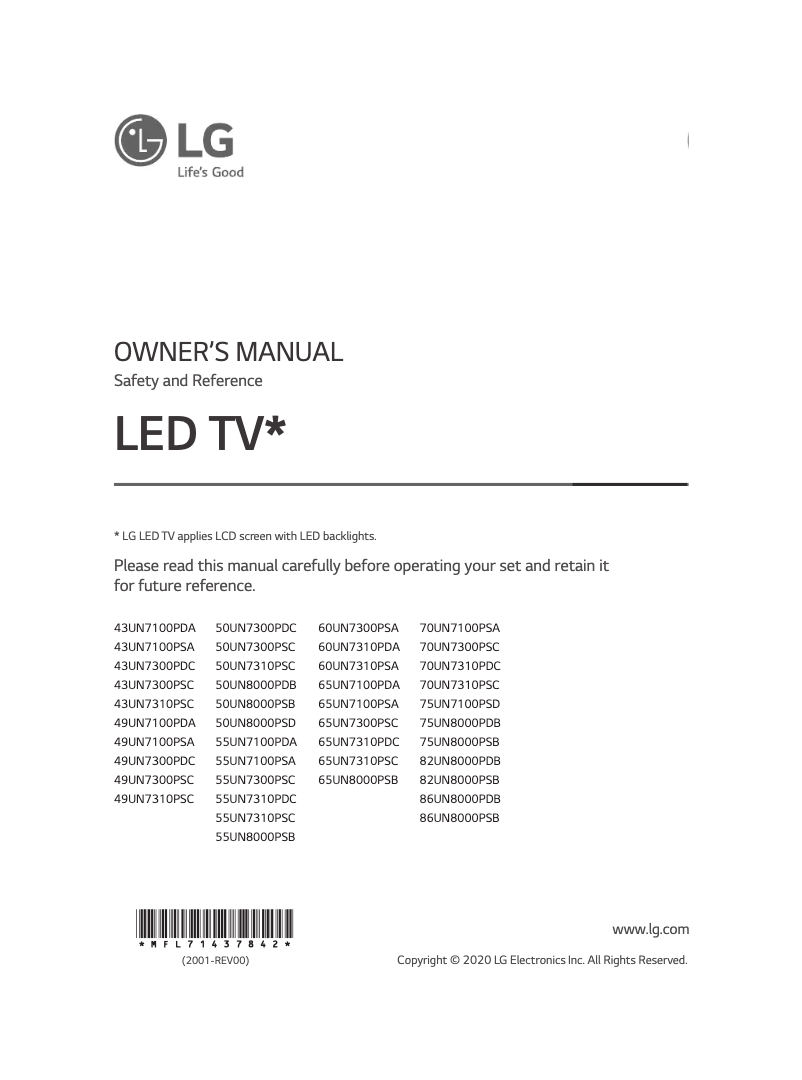 Page 1 de la notice Manuel utilisateur LG 50UN8000PDB