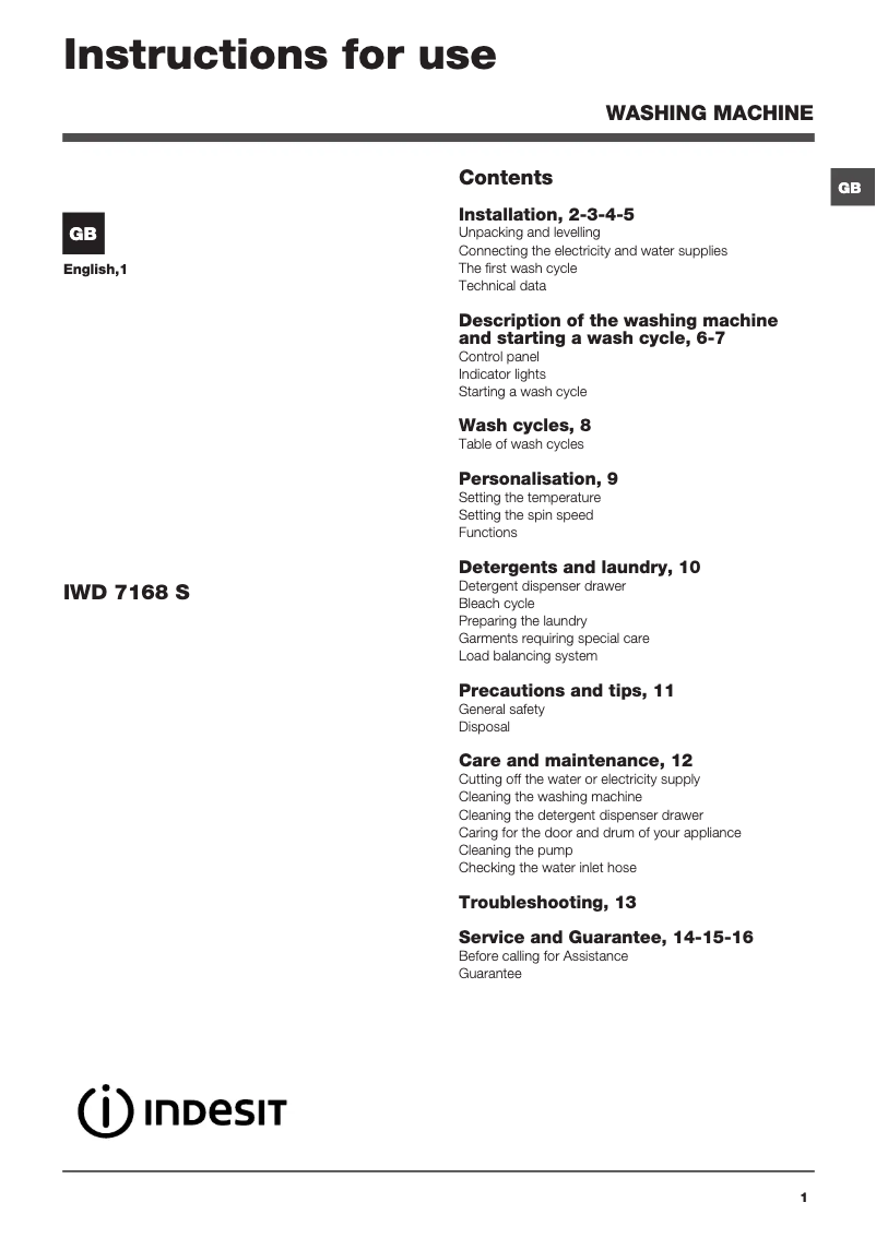 Page n°1 - Manuel utilisateur Indesit IWD 7168 S