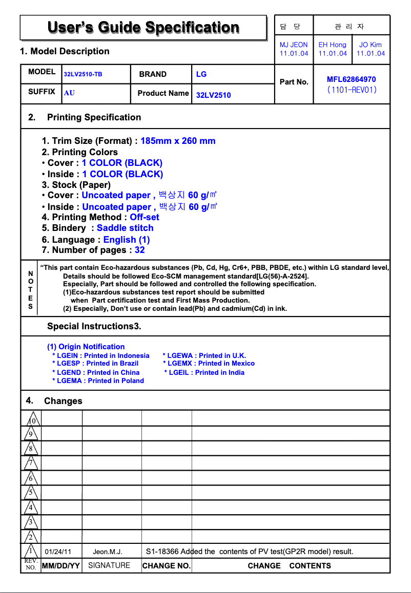 Page 1 de la notice Manuel utilisateur LG 26LK332