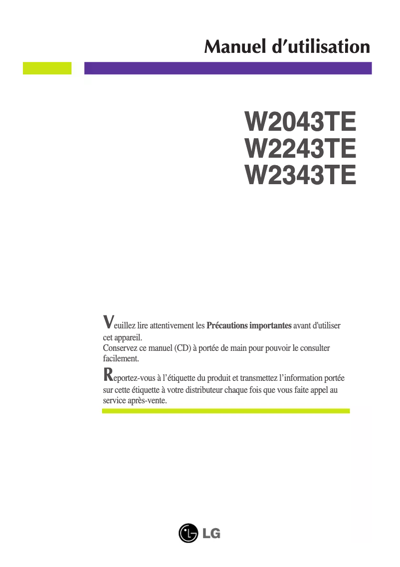 Page 1 de la notice Manuel utilisateur LG W2243TE-PF