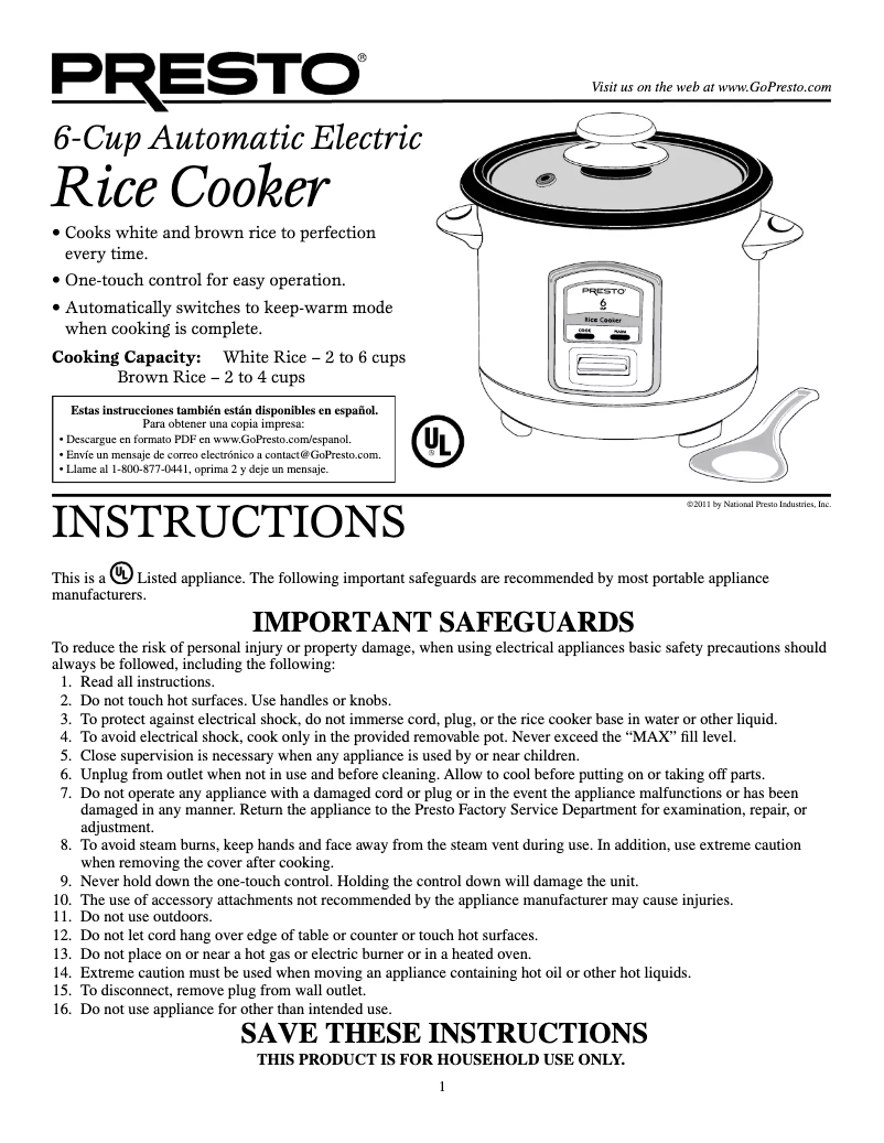 Página 1 del manual Manual de usuario Presto 6-Cup Automatic Electric