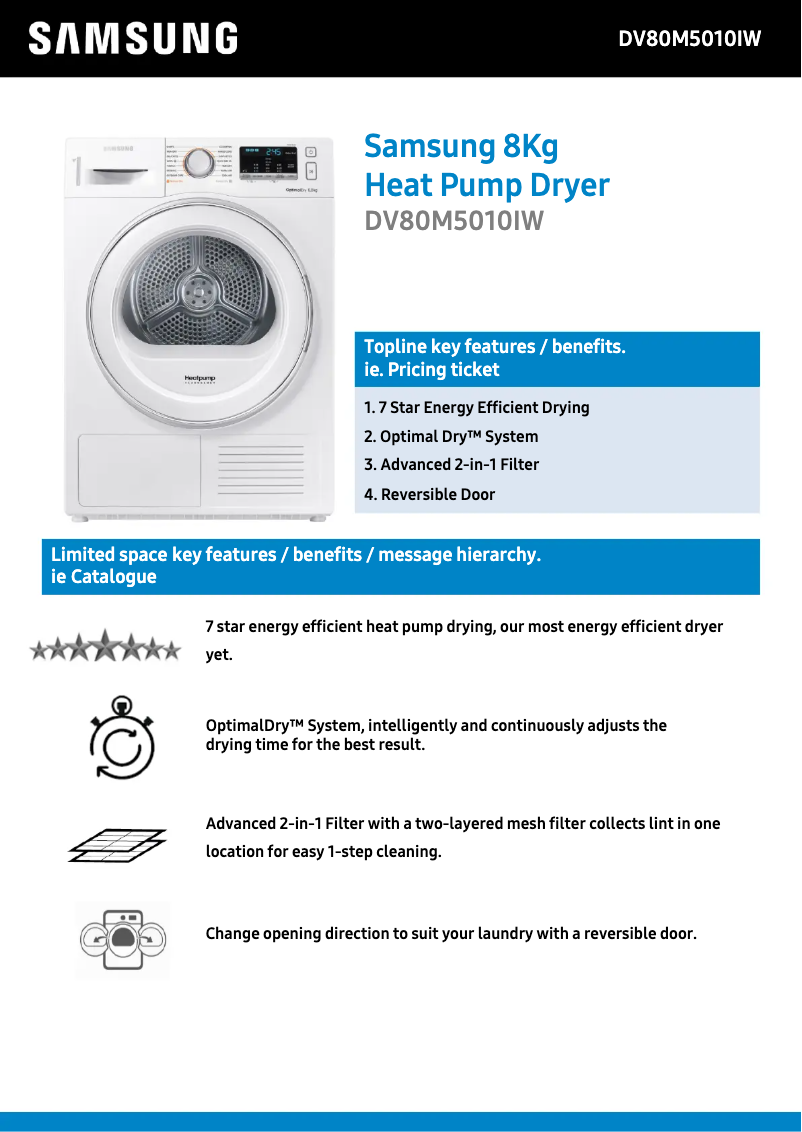 Page 1 de la notice Fiche technique Samsung DV80M5010