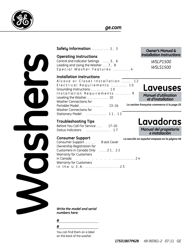 Página 1 del manual Manual de usuario GE WSLP1500JWW