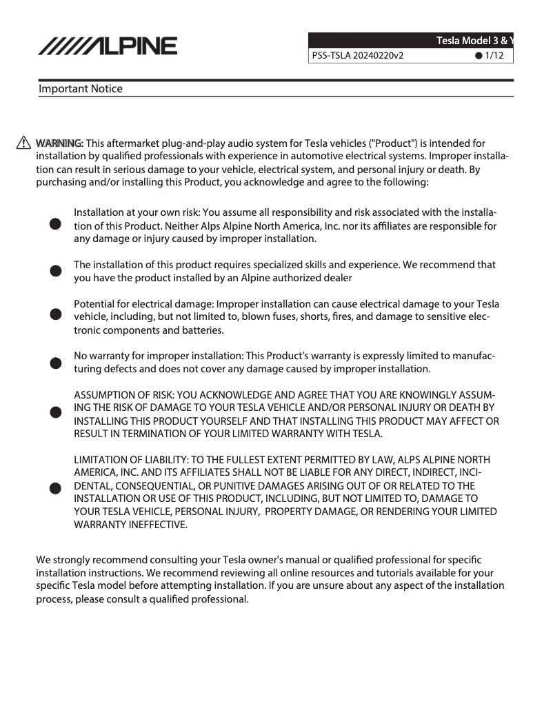 Page 1 of the manual User Manual Alpine PSS-TSLA-223P