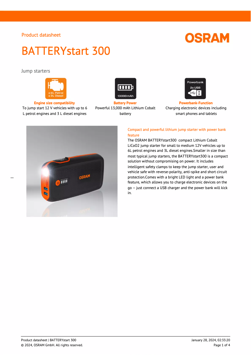 Page 1 de la notice Fiche technique Osram BATTERYstart 300