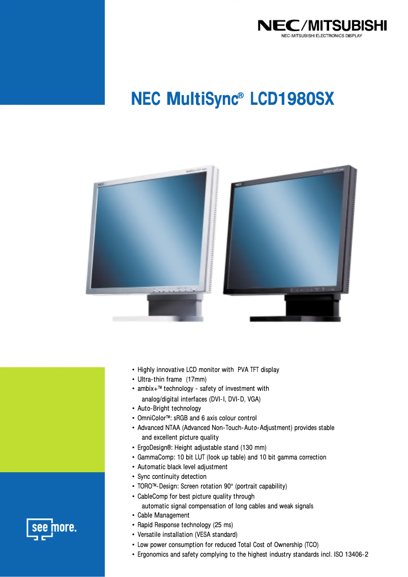 Page 1 de la notice Fiche technique NEC MultiSync LCD1980SX