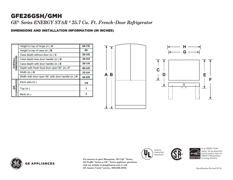 Página 1 del manual Ficha técnica GE GFE26GMHES