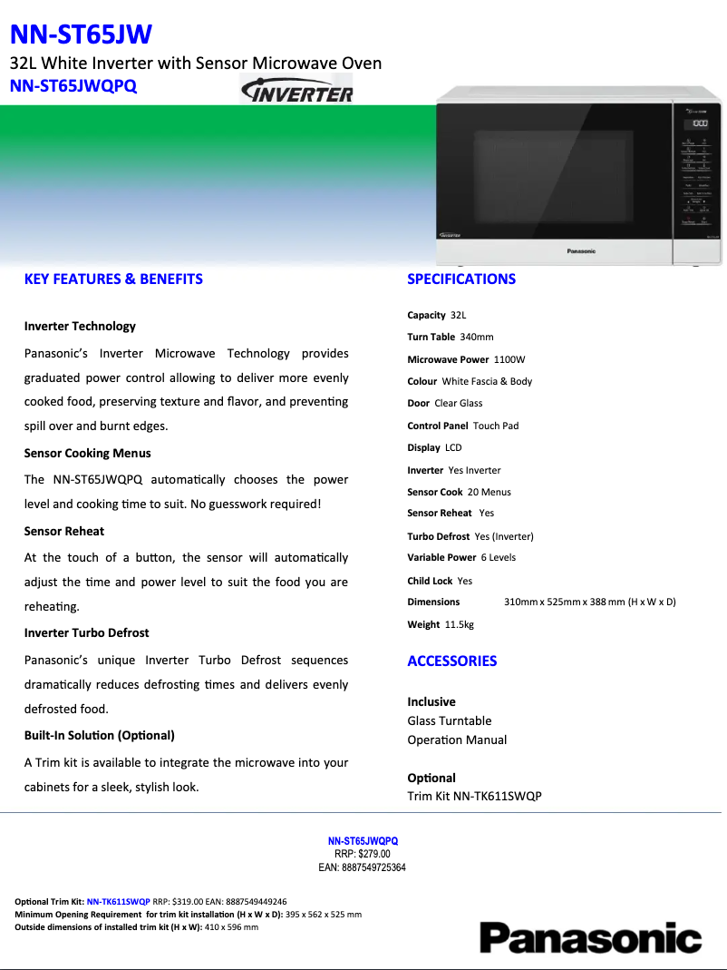 Page 1 de la notice Fiche technique Panasonic Inverter NN-ST65JW