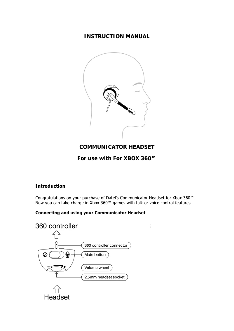 Page 1 de la notice Manuel utilisateur Datel Communicator Headset XBOX 360
