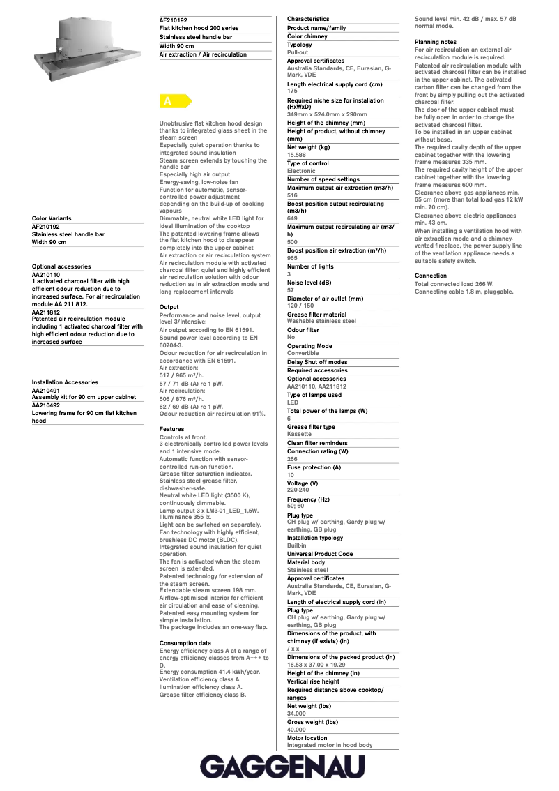 Page 1 de la notice Guide d'installation Gaggenau AF210192