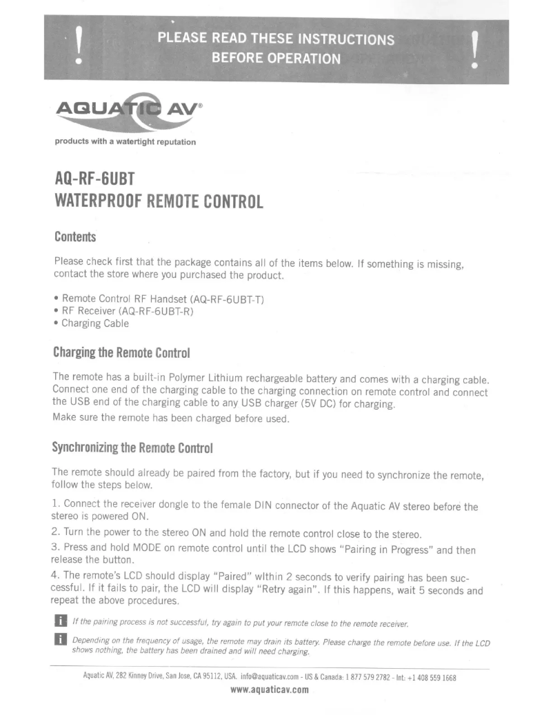 Page 1 de la notice Manuel utilisateur Aquatic AV AQ-RF-6UBT