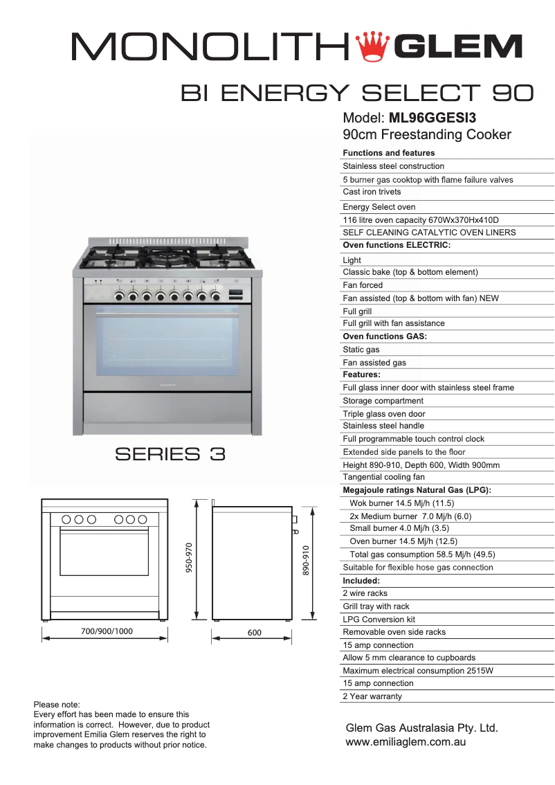 Page 1 de la notice Fiche technique Glem Gas ML96GGESI3