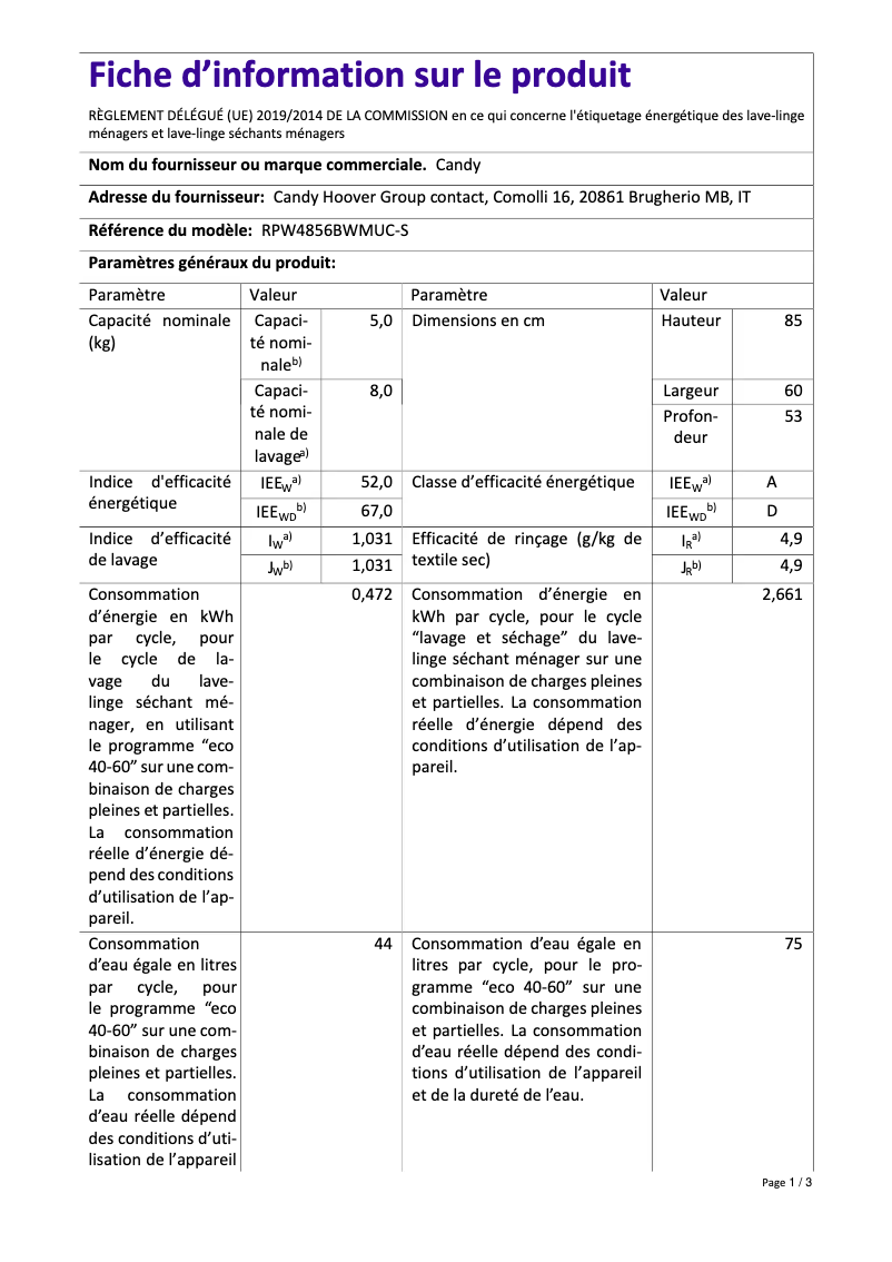 Image de la première page du manuel de l'appareil RPW4856BWMUC-S