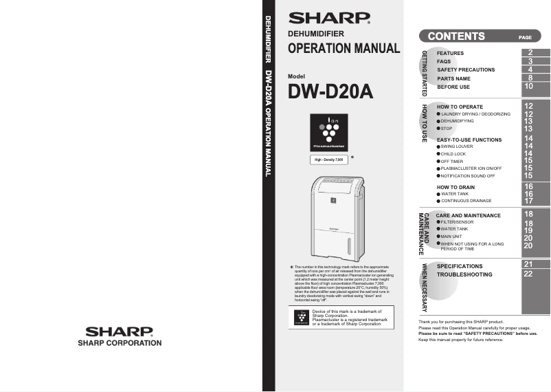 Page 1 de la notice Manuel utilisateur Sharp DW-D20A