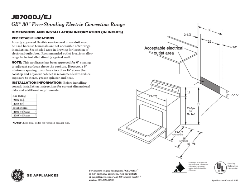 Página 1 del manual Ficha técnica GE JB750DJBB