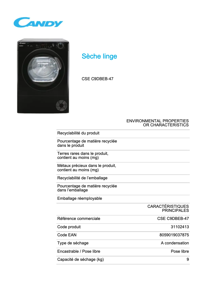 Page 1 de la notice Fiche technique Candy CSE C9DBEB-47