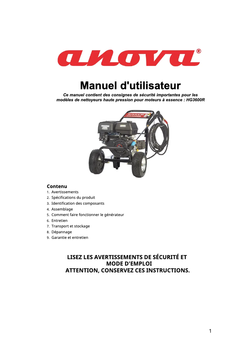Page 1 de la notice Manuel utilisateur Anova HG3600R
