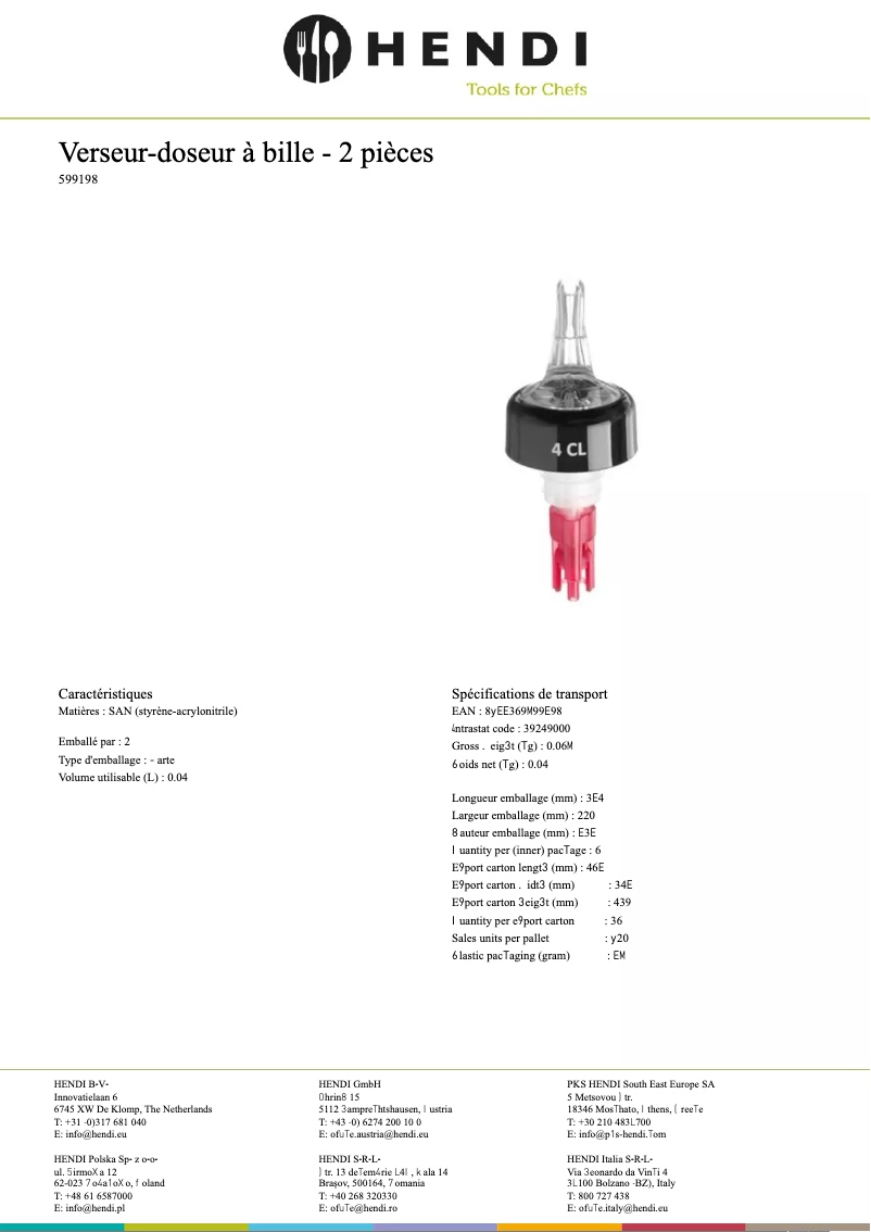 Page n°1 - Fiche technique Hendi 599013