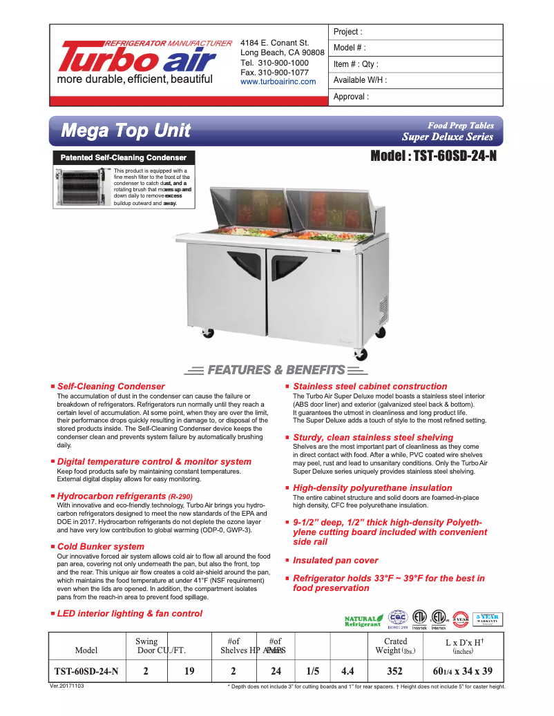 Page 1 de la notice Fiche technique Turbo air TST-60SD-24
